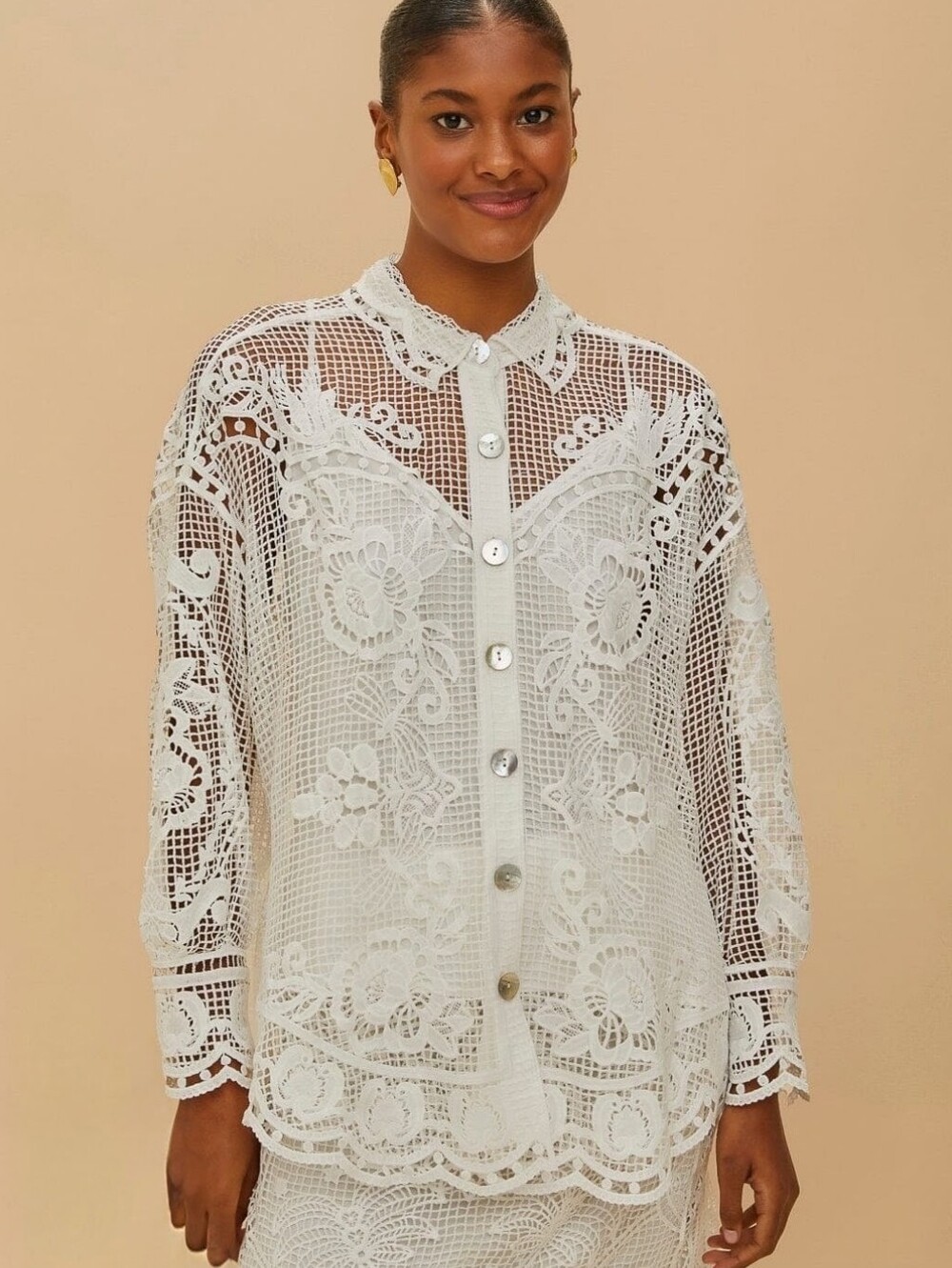 FARM RIO Swan Lake Boderie-Anglais Design Guipure White Lace Shirt  NWT SRP $675
